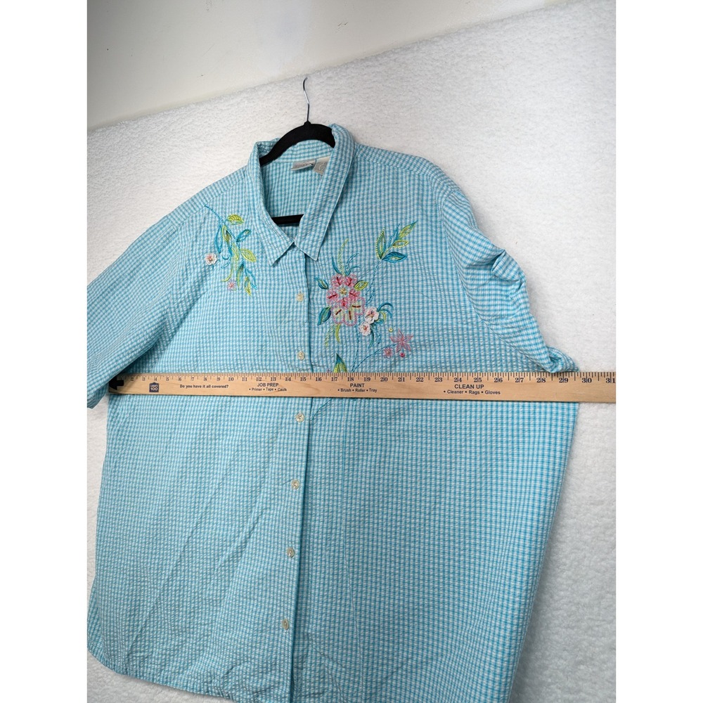 Koret Francisca Womens Turquoise Gingham Embroidered Floral Short Sleeve 28W - Picture 5 of 9